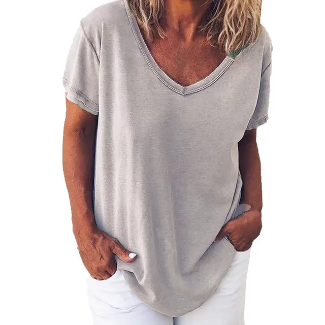 Solid Color V Neck Women's Short Sleeved T Shirt Grey - Shop at LoveMi