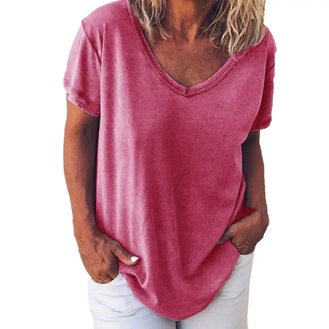 Solid Color V Neck Women's Short Sleeved T Shirt Pink - Shop at LoveMi