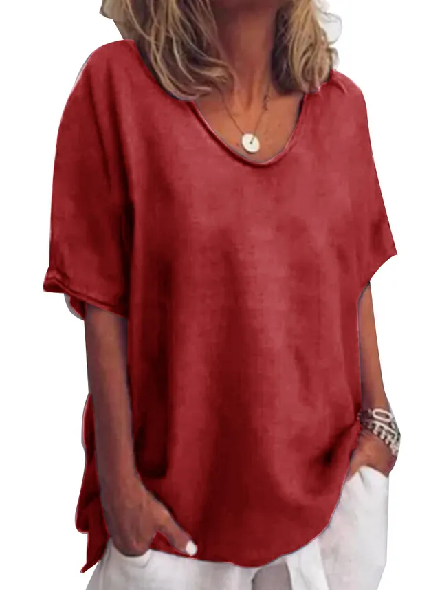 Solid Color V Neck Women's Short Sleeved T Shirt Red - Shop at LoveMi