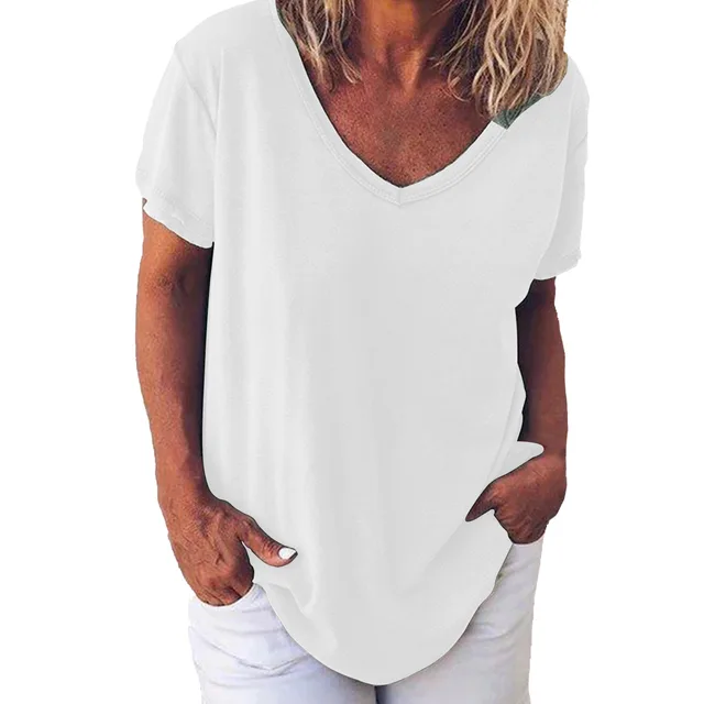 Solid Color V Neck Women's Short Sleeved T Shirt White - Shop at LoveMi
