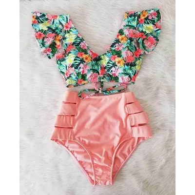 Cross BorderRuffle Bikini Hih Waist Swimwear Women Swimsuit B L - Shop at LoveMi