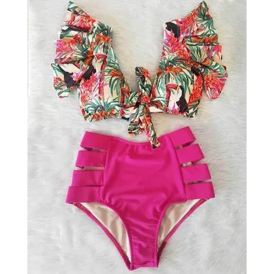 Cross BorderRuffle Bikini Hih Waist Swimwear Women Swimsuit C Xl - Shop at LoveMi