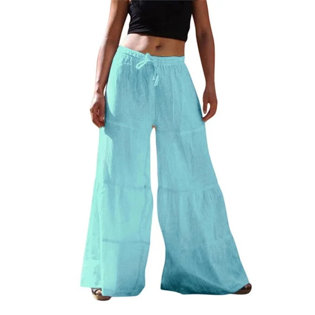 Loose Solid Color Elastic Waist Wide leg Pants Light Blue - Shop at LoveMi
