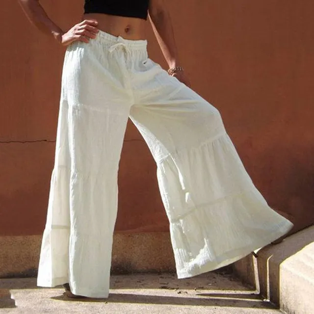Loose Solid Color Elastic Waist Wide leg Pants White - Shop at LoveMi
