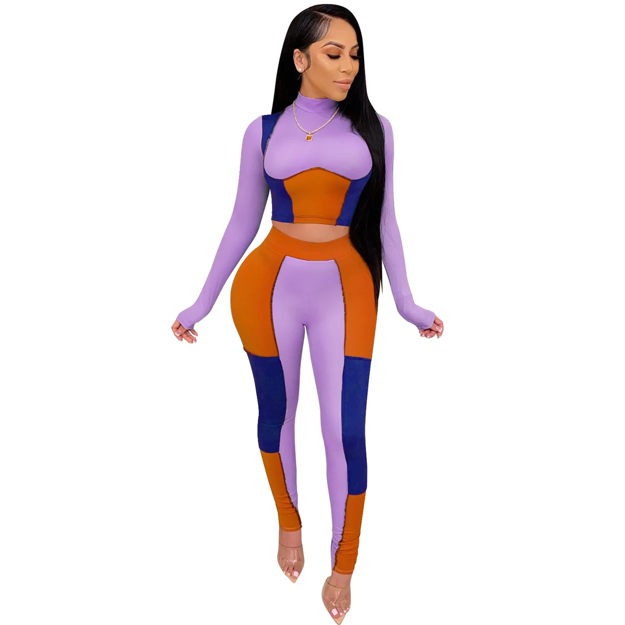 Two Piece Set Color Patchwork Outfits - Purple