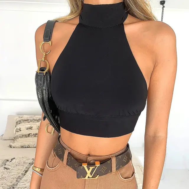 Fashion Casual Hanging Neck Tight Fitting Women's T Shirt Black - Shop at LoveMi