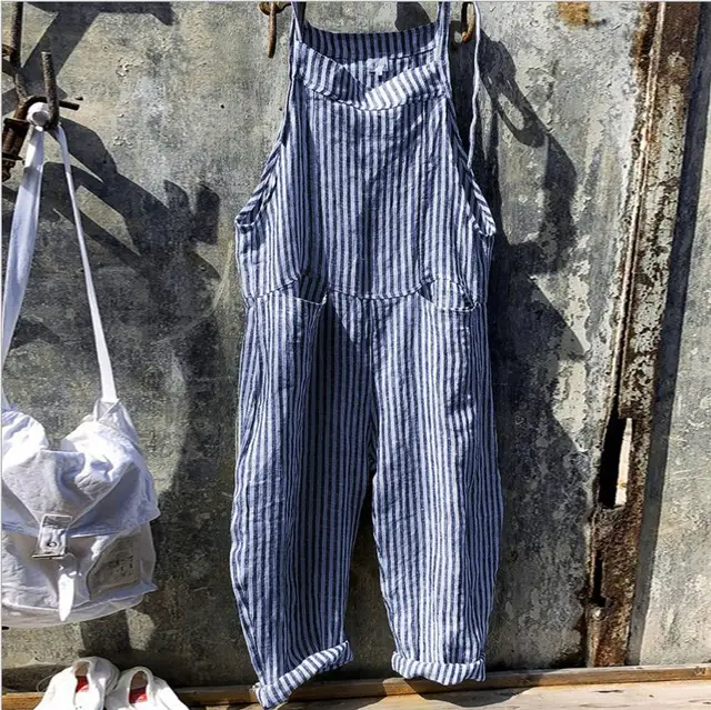 Striped Bib Jumpsuit With Pockets Summer Fashion Loose Wide leg Pants For Women Clothing Blue - Shop at LoveMi