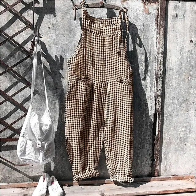 Striped Bib Jumpsuit With Pockets Summer Fashion Loose Wide leg Pants For Women Clothing Brown - Shop at LoveMi