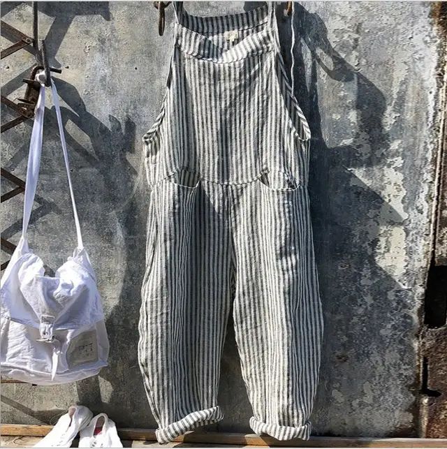 Striped Bib Jumpsuit With Pockets Summer Fashion Loose Wide leg Pants For Women Clothing Grey - Shop at LoveMi