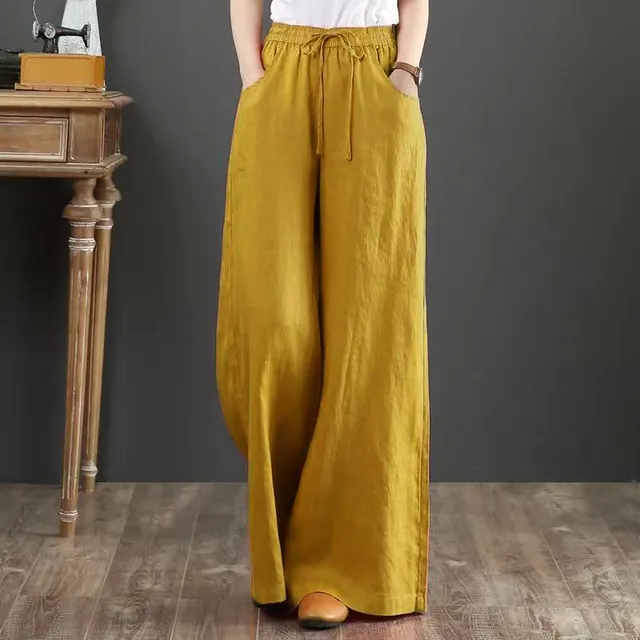 Summer Literary Cotton And Linen Women's Trousers Loose Large Size Wide Leg Pants High Waist Mopping Pants Straight Trousers Linen Pants Yellow - Shop at LoveMi