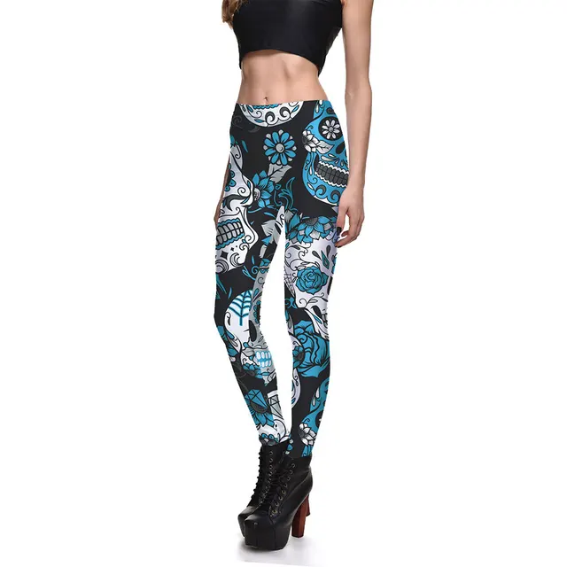 Fashionable Ladies Multicolor Skull Digital Printing Bottoming Cropped Trousers - Shop at LoveMi