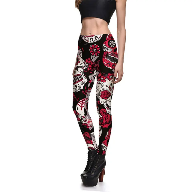 Fashionable Ladies Multicolor Skull Digital Printing Bottoming Cropped Trousers - Shop at LoveMi