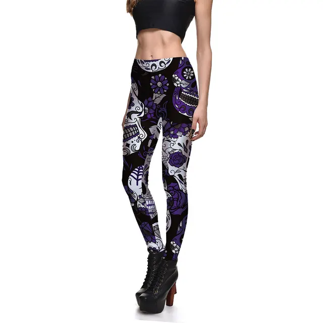 Fashionable Ladies Multicolor Skull Digital Printing Bottoming Cropped Trousers G - Shop at LoveMi