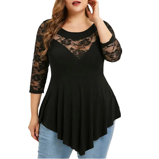 Lace Patchwork Round Collar 7 Minute Sleeves Irregular Blouse Women Black - Shop at LoveMi