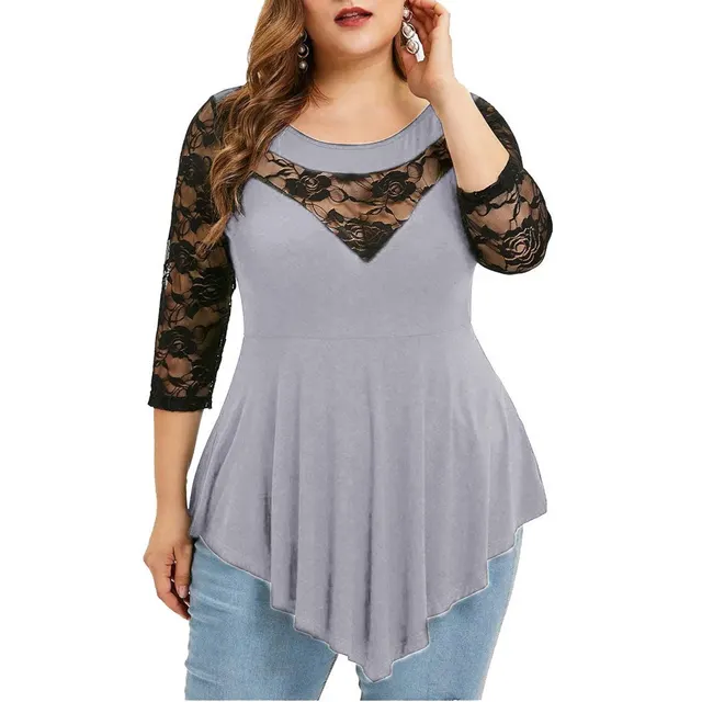 Lace Patchwork Round Collar 7 Minute Sleeves Irregular Blouse Women Grey - Shop at LoveMi