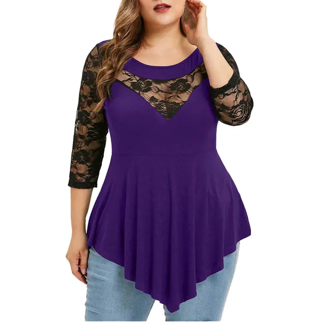 Lace Patchwork Round Collar 7 Minute Sleeves Irregular Blouse Women Purple - Shop at LoveMi