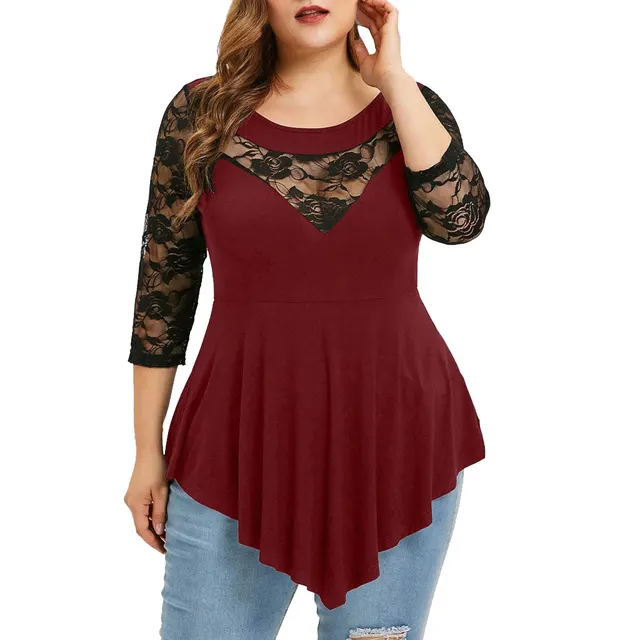 Lace Patchwork Round Collar 7 Minute Sleeves Irregular Blouse Women Wine Red - Shop at LoveMi
