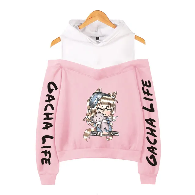 2D Printed Off shoulder Sling Trendy Loose Hooded Sweater Pink - Shop at LoveMi