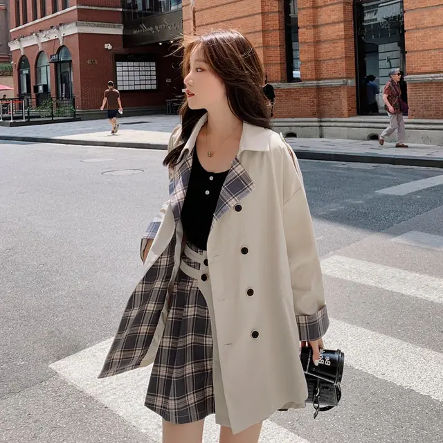 Two Piece Short Trench Coat Plaid Skirt Milky White - Shop at LoveMi