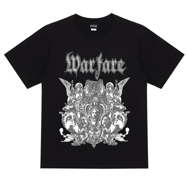 Korean Retro Ins Dark High Street Letter Portrait Print Short Sleeves Black - Shop at LoveMi