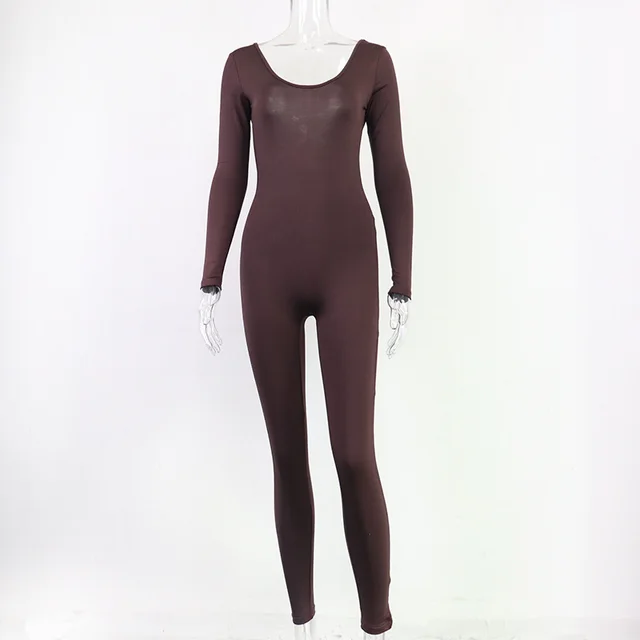 Pure Color Sculpting Slim Body Slimming Round Neck Jumpsuit One Piece Trousers Brown - Shop at LoveMi