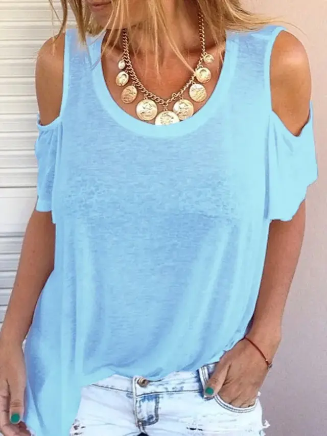 Women's New Off Shoulder Loose Solid Color Top Women's Clothing Light Blue - Shop at LoveMi