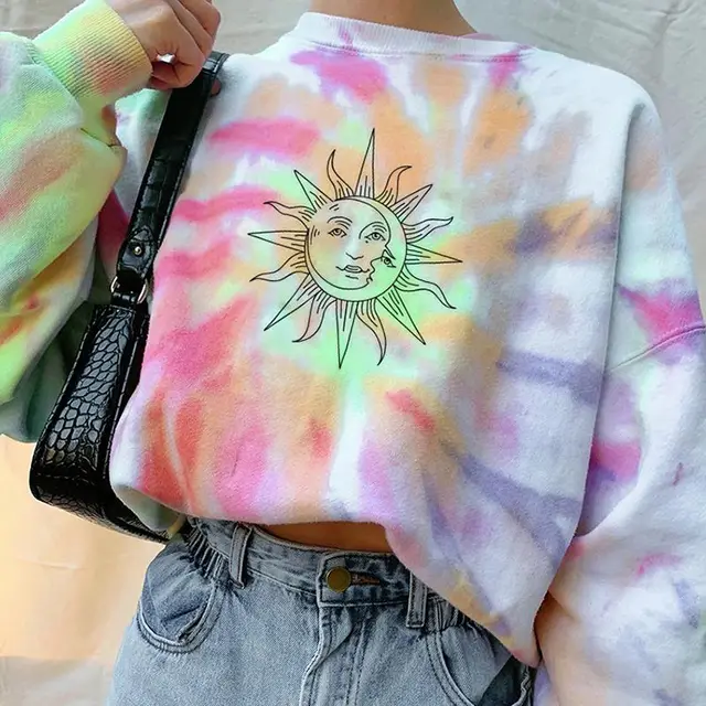 Tie dye Printed Round Neck Long Sleeved Pullover Loose Sweatshirt Colorful - Shop at LoveMi