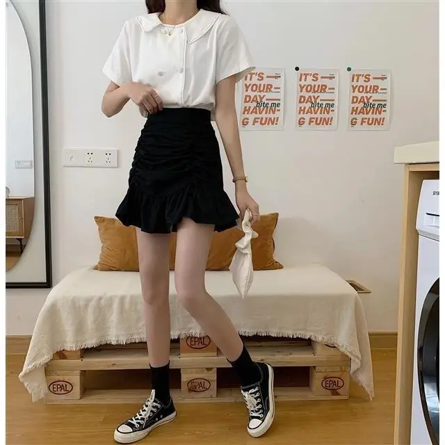 High Waisted A Line Short Skirt With Pleated Hips And Ruffled White Skirt Black - Shop at LoveMi