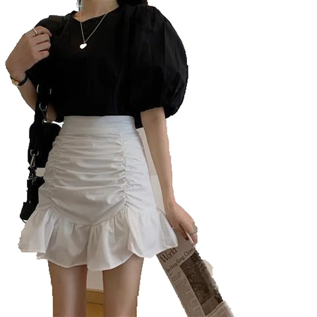 High Waisted A Line Short Skirt With Pleated Hips And Ruffled White Skirt White - Shop at LoveMi