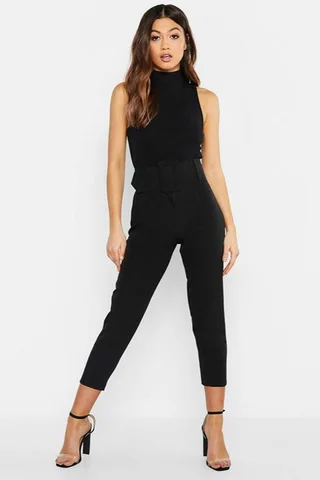 Slim-Fit Solid Colour High-Waist Lace-Up Casual Pants - Black
