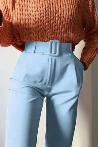 Slim-Fit Solid Color High-Waist Lace-Up Casual Pants - Blue