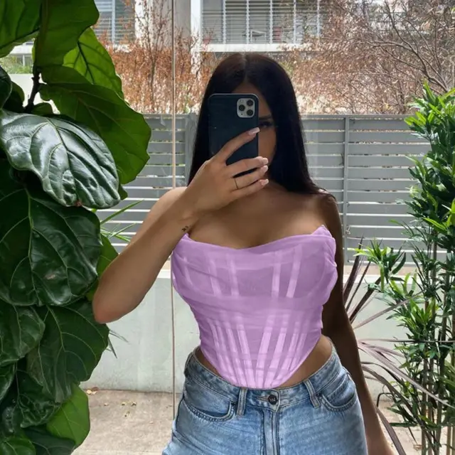 Fish Bone Net Gauze Corset Vest Pure Color Bosom Bound Woman Purple - Shop at LoveMi