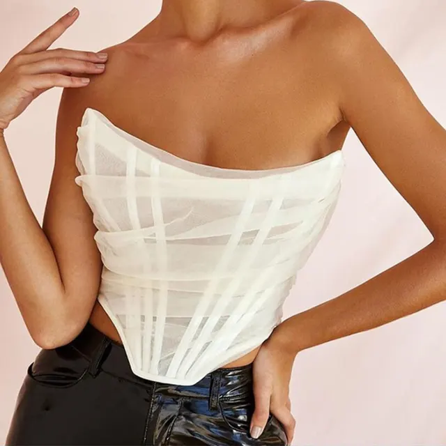 Fish Bone Net Gauze Corset Vest Pure Color Bosom Bound Woman White - Shop at LoveMi