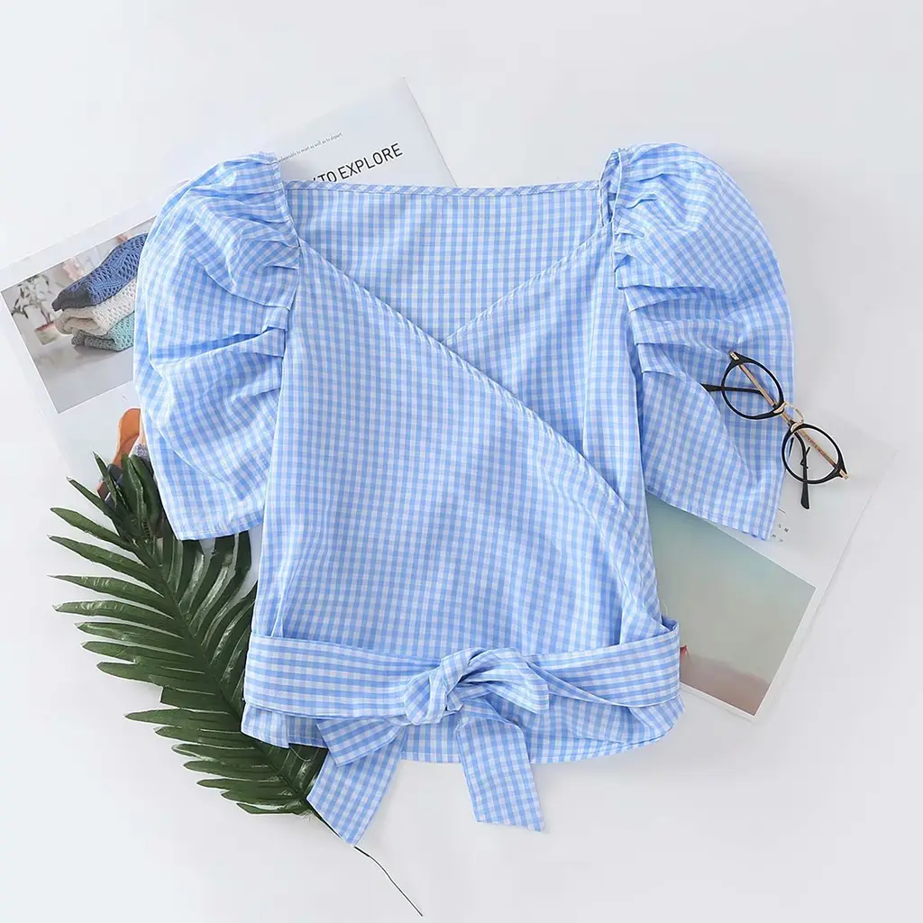 Single Neck Tie Puff Sleeve Shirt - Blue