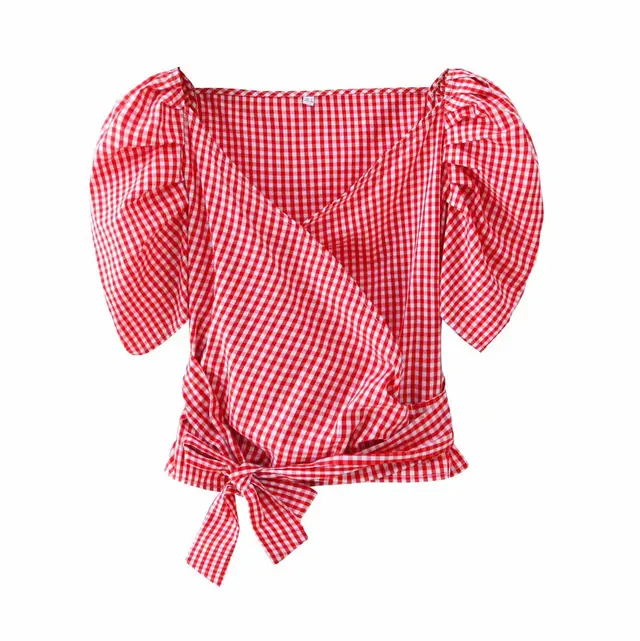 Single Neck Tie Puff Sleeve Shirt Red - Shop at LoveMi
