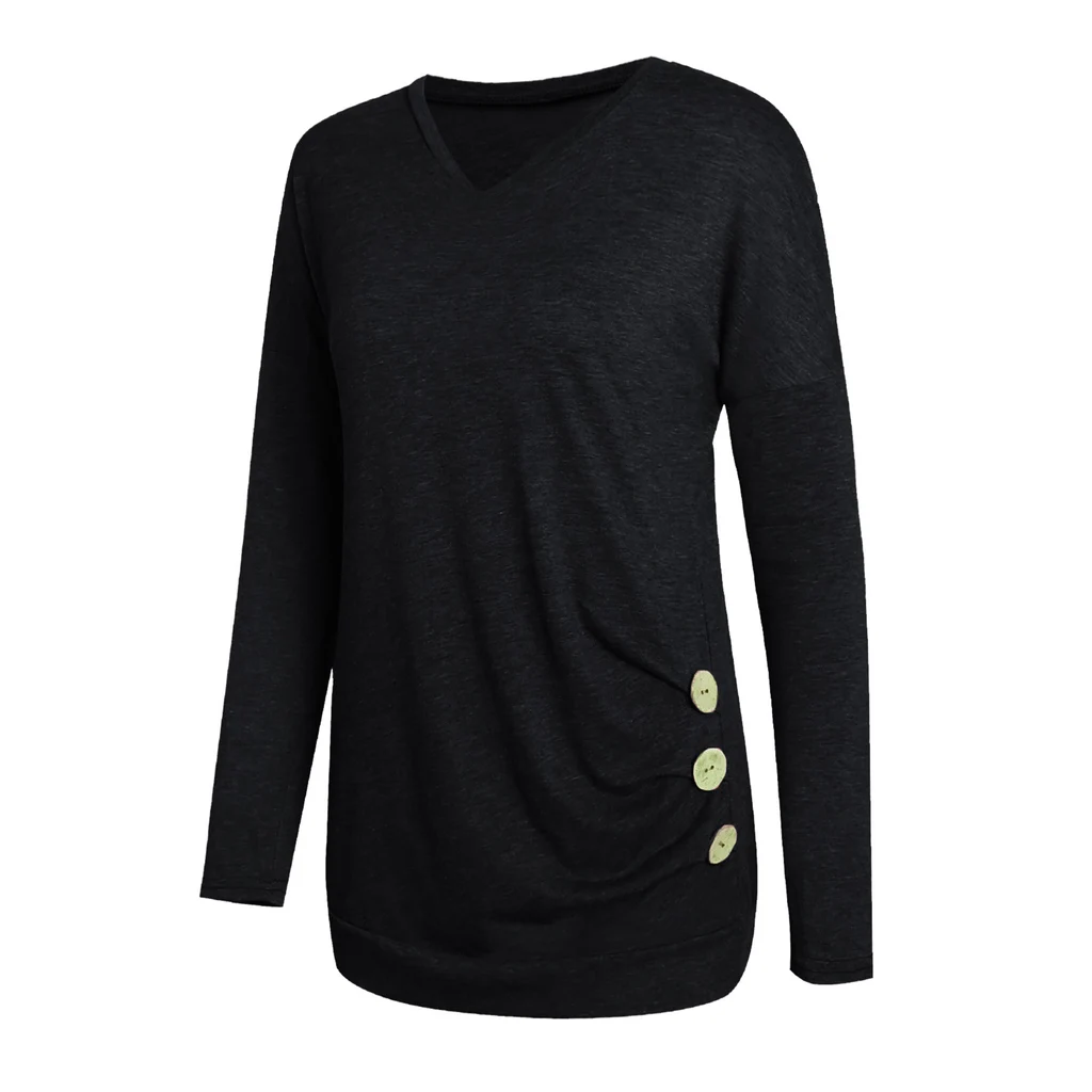 V-Neck Solid Color Women's Long-Sleeved Top - Black