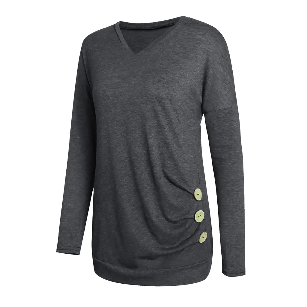 V-Neck Solid Colour Women's Long-Sleeved Top - Grey