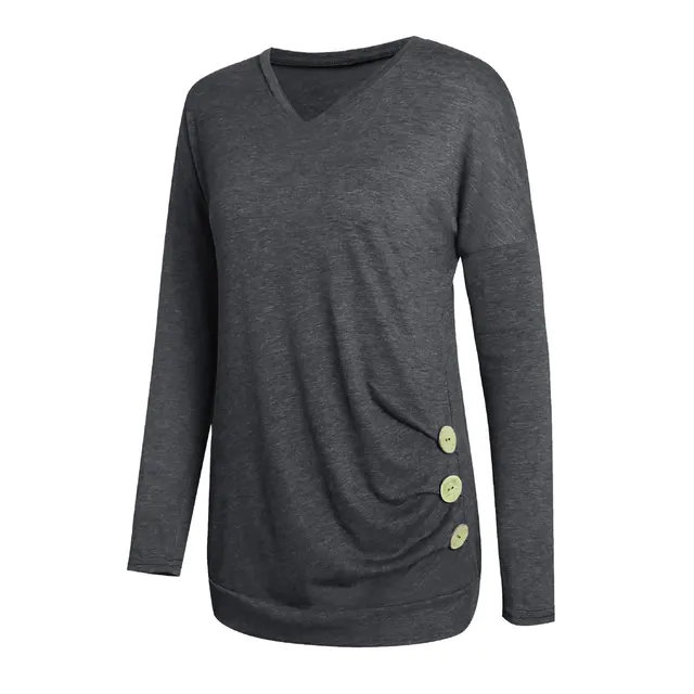 V Neck Solid Color Women's Long Sleeved Top Grey - Shop at LoveMi