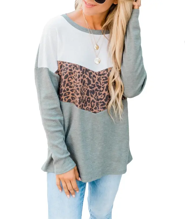 Leopard Print Atitching Long Sleeved T Shirt Gray - Shop at LoveMi