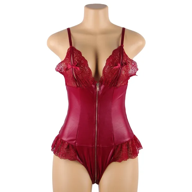 Sexy Lace Leather Stitching Zipper Sexy Bodysuit Red - Shop at LoveMi