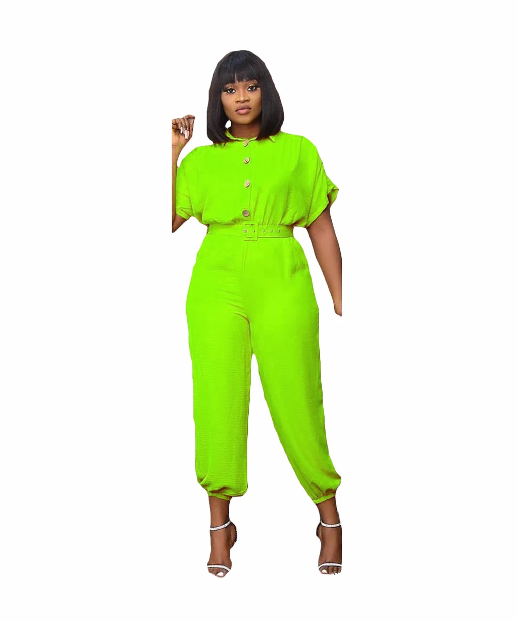 Women's Buttoned Short Sleeved Loose Fitting African Jumpsuit Trousers - Green