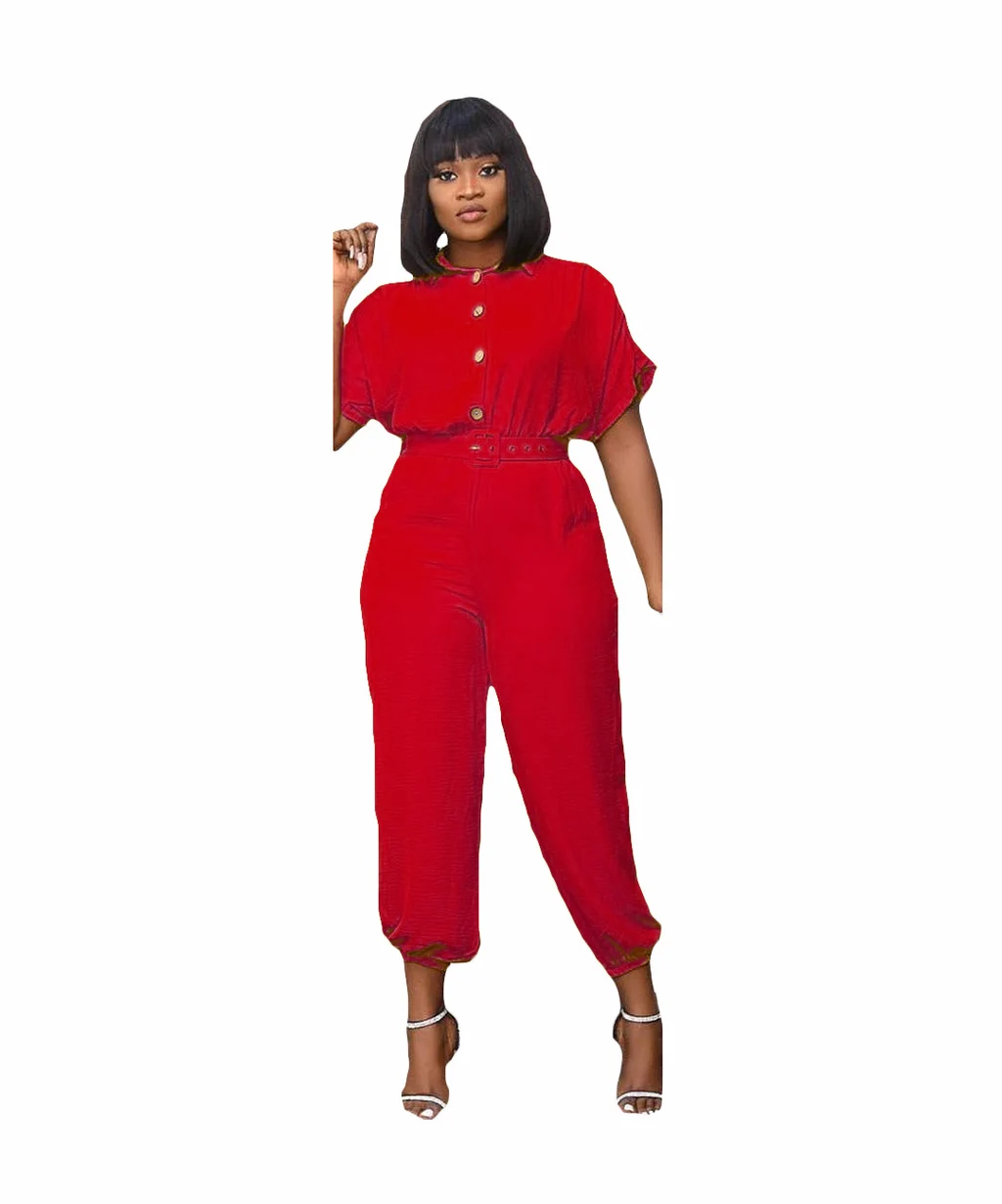 Women's Buttoned Short Sleeved Loose Fitting African Jumpsuit Trousers - Red