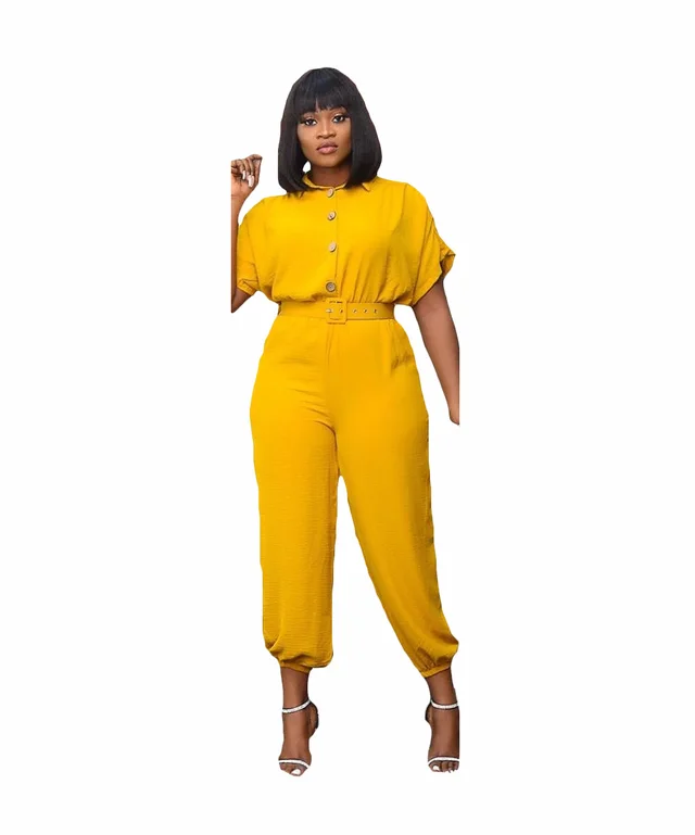 Women's Buttoned Short Sleeved Loose Fitting African Jumpsuit Trousers Yellow - Shop at LoveMi