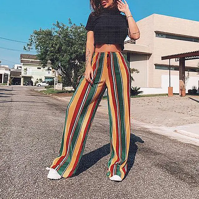 Loose Casual Wide leg Pants In Leopard Print Rainbow - Shop at LoveMi