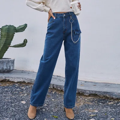 Spring New Cross Border Women's European And American INS Fashion Pocket Chain Denim Straight Trousers Blue - Shop at LoveMi