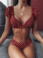 Split Swimsuit Puff Sleeve Polka Dot V-Neck Bikini - Wine