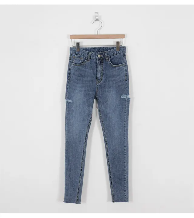 Ripped Leg fit Skinny Pencil Cropped Jeans Blue - Shop at LoveMi