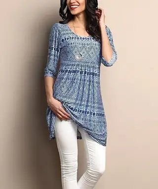 European And American Slim Three-Quarter Sleeve Printed Mid-Length T-Shirt - Blue