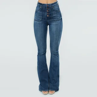 Ladies Jeans Patch Pockets Buttoned Thin Denim Trousers - Blue
