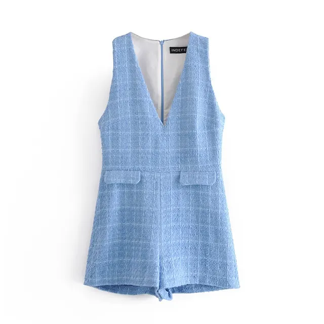 Blue texture plaid short jumpsuit ladies casual spring V neck Blue - Shop at LoveMi